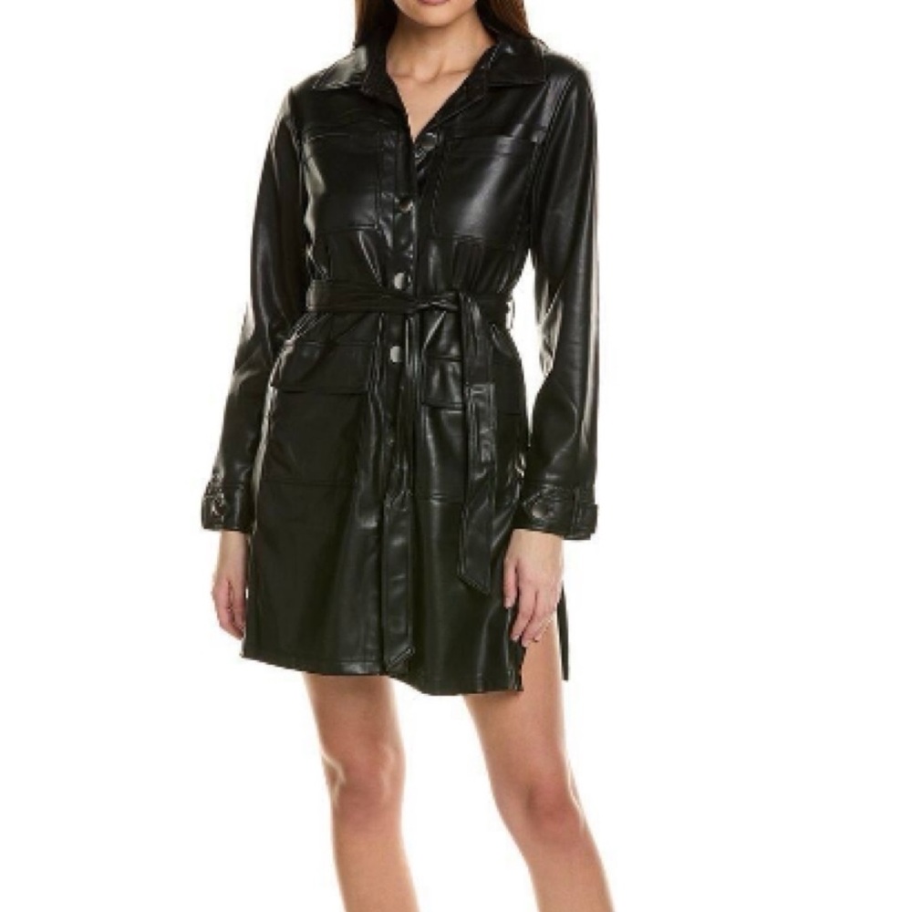 Adrienne Landau Black Faux‎ Leather Trench Coat Medium